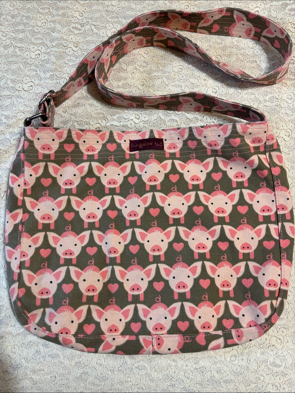 bungalow 360 Pink and Gray Pig Print Crossbody Bag